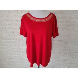 Rafaella Womens Top XXL Plus Tee Short Sleeve Knit Cotton Beads Red RED31E